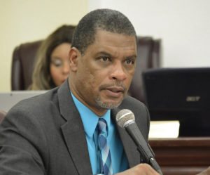 Sen. Kurt Vialet during a Senate committee hearing. (Barry Leerdam photo for the V.I. Legislature)