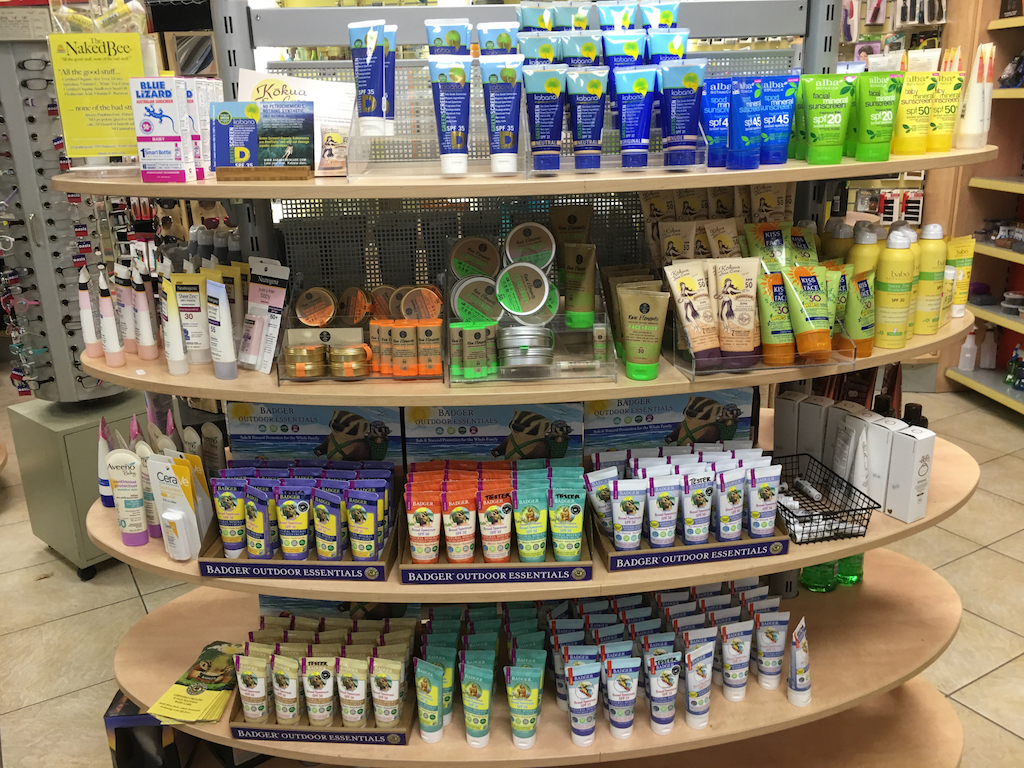 Non-toxic sunscreens are on display at Chelsea Drugstore on St. John.