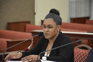Virgin Islands Council on the Arts Executive Director Tasida Kelch testifies before the Senate Finance Committee Tuesday. (Photo by Barry Leerdam for the V.I. Legislature)