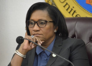 Senate Finance Committee Chairwoman Sen. Donna Frett-Gregory listens to testimonies from recovery contractors and agencies at Tuesday’s hearing. (Photo by Barry Leerdam for the V.I. Legislature)