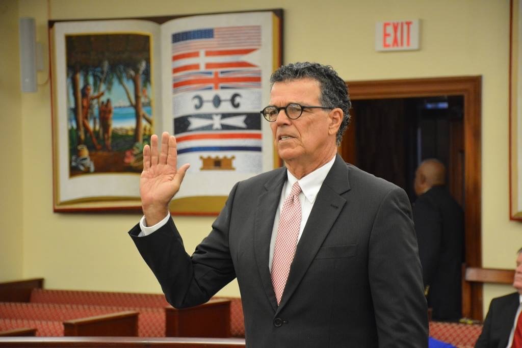 Superior Court Judge Douglas Brady takes the oath before testifying at Wednesday’s hearing. (Photo by Barry Leerdam for the V.I. Legislature)