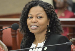 OMB Director Nominee Jenifer O’Neal testifies before the Senate Rules and Judiciary Committee during Wednesday’s hearing. (Photo by Barry Leerdam for the V.I. Legislature)