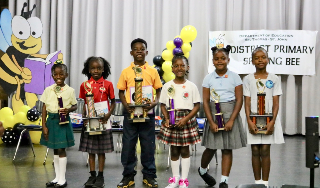 From left, Ze'Yah Francis, Amirah Hector, Cairo Leonard, Yaliya Felix, Kai-Lan Leatham,A'Shara Liburd hold their hard-won trophies. (Photo submitted by V.I. Department of Education)
