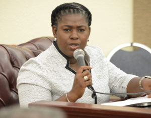 Sen. Allison DeGazon questions members of the V.I. Board of Education during Tuesday's hearing. (Photo by Barry Leerdam for the V.I. Legislature)