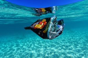 A carelessly discarded chip bag floats in the territory's otherwise beautiful blue waters. (Alain M Brin, Blue Glass Photography)