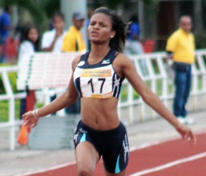 Nia Jack od St. Croix captures one of her three gold medals Sunday at SWAC Conference Championships. Jack runs for the Alabama State University women's track team, which won the meet. (Submitted photo)