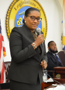 Sen. Donna Frett-Gregory speaks Wednesday morning during the Senate session. (Photo by Barry Leerdam, Legislature of the Virgin Islands)