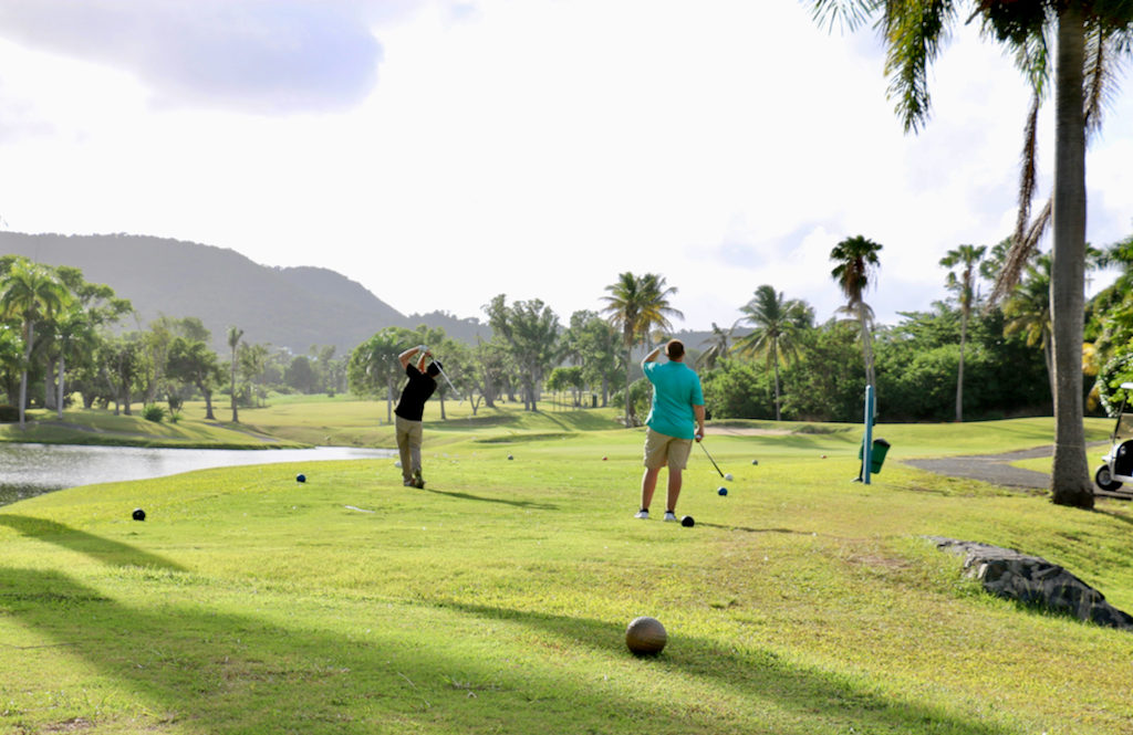 Playing the course on a lovely afternoon, two players watch as one of their drives soars towards the green. (Linda Morland photo)