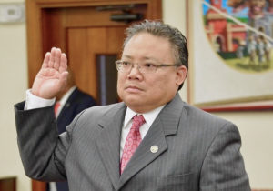 DLCA Nominee Richard Evangelista takes the oath before testifying at Thursday’s Senate Rules Committee hearing. (Photo by Barry Leerdam for the V.I. Legislature)