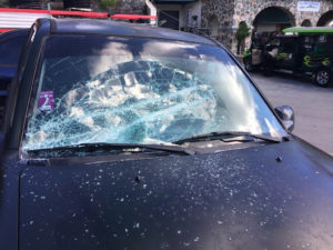 A smashed windshield at the Marketplace. (Amy Roberts photo)