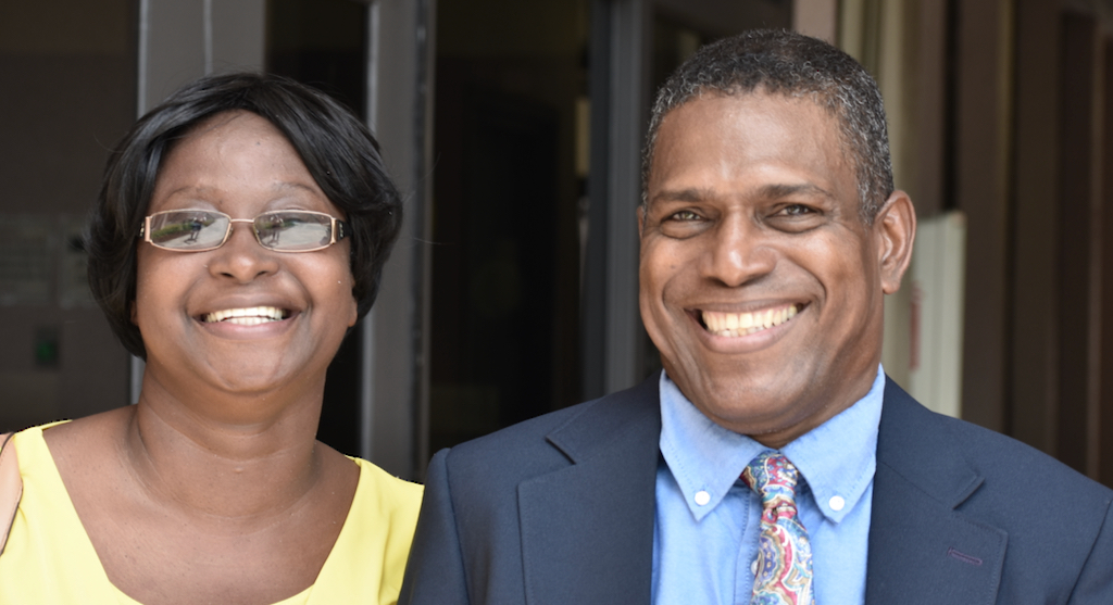 Athlene Cuffy and Bernard Cuffy are all smiles outside the Richard Herbert Amphlett Leader Justice Complex after a favorable ruling over a dispute on how they’d gain access to land they purchased in Estate Clairmont. (Source photo by Wyndi Ambrose)