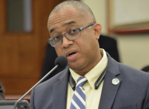 IRB Director Joel Lee testifies before the Senate Finance Committee about his department's budget Tuesday. (Photo by Barry Leerman for the V.I. Legislature)