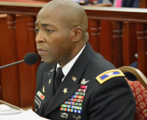 Col. Kodjo Knox-Limbacker, nominated to be adjustant general of the V.I. National Guard, testified Thursday before the Senate Committee on Rules and Judiciary. (Photo by Barry Leerdam, Legislature of the U.S. Virgin Islands)