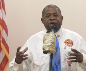 V.I. Fire Services Director Daryl George addresses Thursday's news conference. (Source photo by James Gardner)