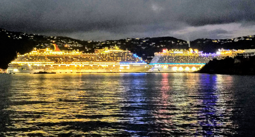 Multiple cruise ships dock at WICO and stay until late evening before departing the island of St. Thomas. Cruise line companies set security requirements for ports their ships visit, including a fire-fighting boat. (Source photo)