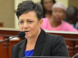 Commissioner of Human Services Kimberley Causey-Gomez testifies before the Senate in 2019. (Photo by Barry Leerdam, Legislature of the Virgin Islands).