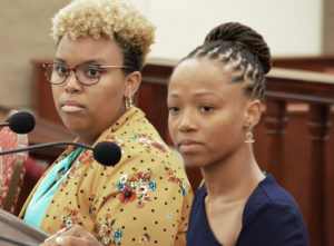 Raeniqua Victorine, left, and AnuMaat Kahina testified on bills concerning the Legislative Youth Advisory Council on which they once served. (Photo by Barry Leerdam, Legislature of the Virgin Islands)