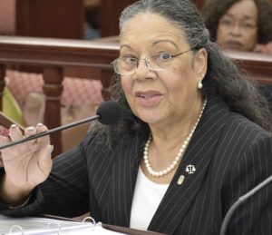 Pierina Jacobs-Feldman, chairwoman of the Public Employees Relations Board, testifies Tuesday to the Senate Finance Committee. (Photo by Barry Leerdam, Legislature of the Virgin Islands)