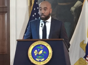 Richard Motta, director of communications for Gov. Albert Bryan Jr. Bryan, addresses the media at Government House, St. Croix. (Source photo by Susan Ellis)