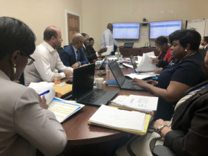 Port Authority board members and staff view presentation on the agency’s Fiscal Year 2020 budget on Tuesday. (Source photo by Judi Shimel)