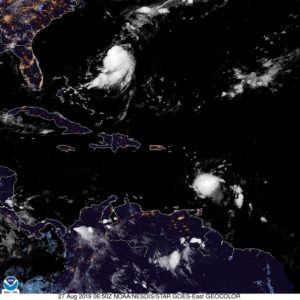 Satellite photo shows Tropical Storm Dorian busting into the Caribbean at 3 a.m. AST. (NOOA photo)