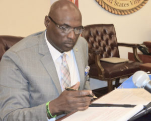 Senate President Novelle Francis conducts Monday’s legislative session. (Barry Leerdam, USVI Legislature)