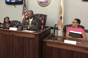 From left, St. John Administrator Shikima Jones Sprauve, Sen. Steven Payne, and Myrtle Penn, Payne's office administrator, conduct Monday's meeting. (Source photo by Amy Roberts)