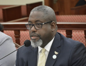Property and Procurement Commissioner Anthony Thomas is peppered by questions from the Senate Finance Committee Friday. (Photo by Barry Leerdam for the V.I. Legislature)