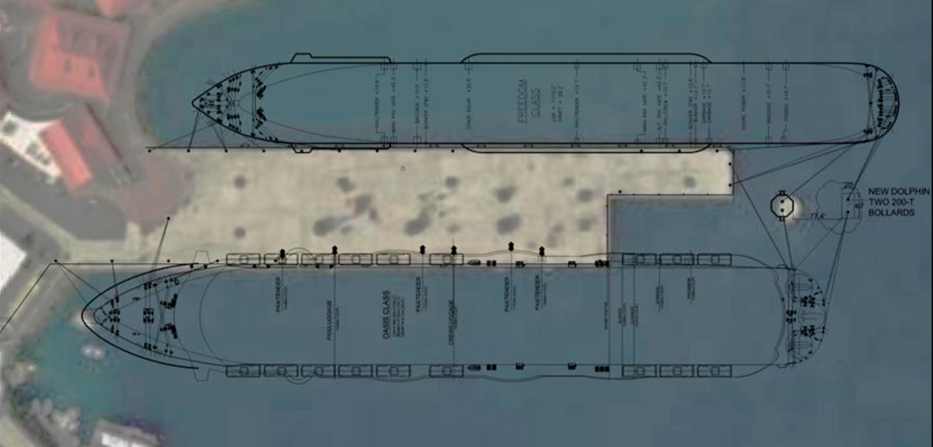 An overlay on the Crown Bay Harbor chart shows the size difference between a Freedom-class ship, top, and an Oasis-class ship. (Image provided by Amy Dempsey)