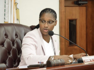 Sen. Janelle Sarauw chairs the Senate Committee on Rules and the Judiciary Wednesday. (Photo by Barry Leerdam for the USVI Legislature)