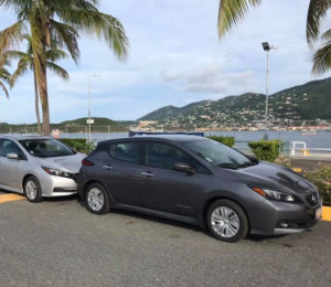 Nissan Leaf electric cars lined up in Charlotte Amalie for the start of the electric car Poker Run. (Photo from Drive Green VI Facebook page)