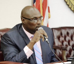 Sen. Novelle Francis discusses the federal excise tax on fuel, which he and others think should be repaid to the USVI government. (Photo by Barry Leerdam for the USVI Legislature)