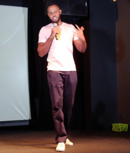 Peter Bailey introduces his newest documentary to a group of Virgin Islanders at the Helen Mills Theater in Manhattan. (Source photo by Shaun Pennington)