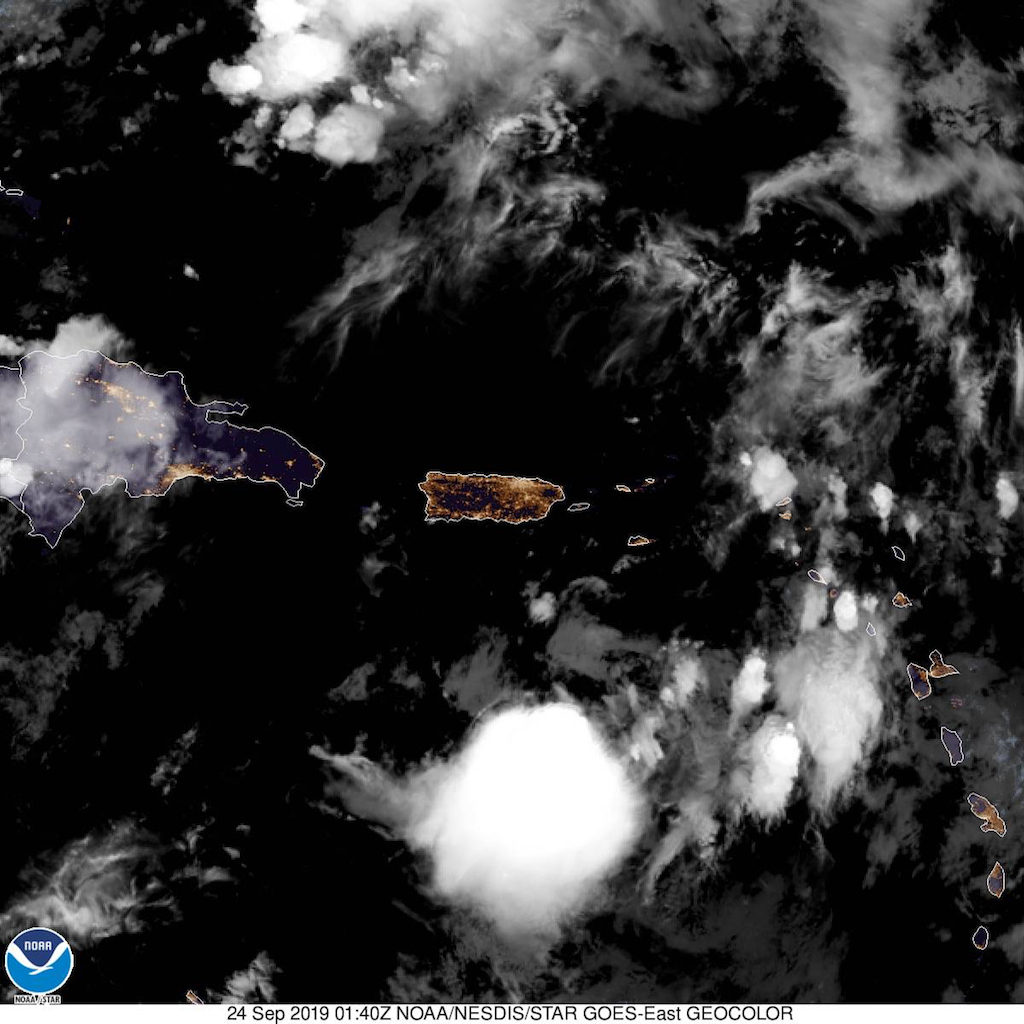 Monday evening satellite photo shows Tropical Depression Karen approaching Puerto Rico from the south. (NOAA image)
