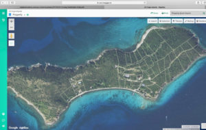 Aerial view of Lovango Cay shows lots on the small island. (Image from Map Geo)