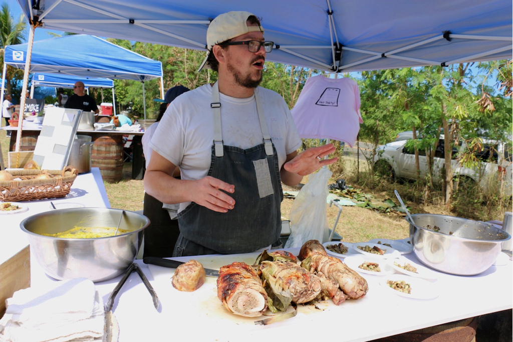 SALT chef Chris Booth offers a roulade of lamb, goat and rabbit. He hopes to encourage new and different ways of preparing local meats. (Source photo by Linda Morland)