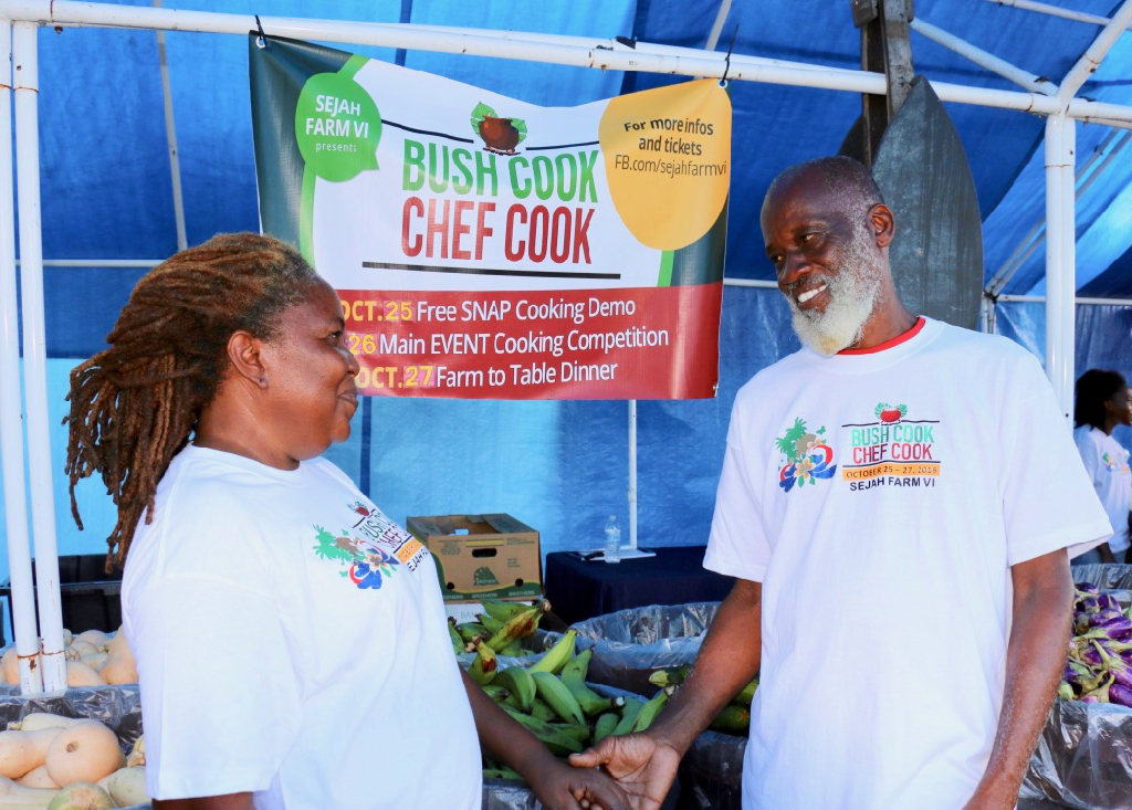 Passionate about agriculture and education, Yvette and Dale Browne of Sejah Farm V.I. take a minute together during Bush Cook Chef Cook Competition. (Source photo by Linda Morland)