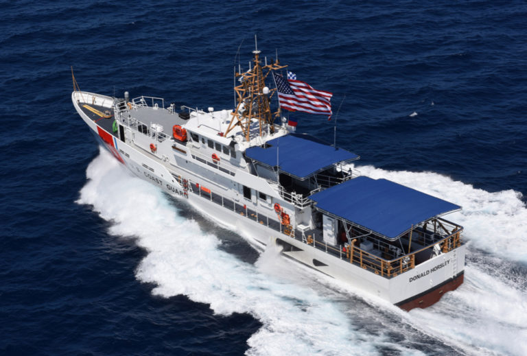 Coast Guard Cutter Donald Horsley conducts sea trials off the coast of Key West, Florida in 2016. In 2017 Horsley was one of many ships that brought relief supplies to the U.S. Virgin islands after Hurricanes Irma and Maria. On Sept. 25 the cutter captured 11 suspected drug smugglers from Venezuela and 55 kilgrams of cocaine. (U.S. Coast Guard photo by Eric D. Woodall)