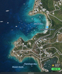 A satellite map of Honeymoon Beach shows mooring.