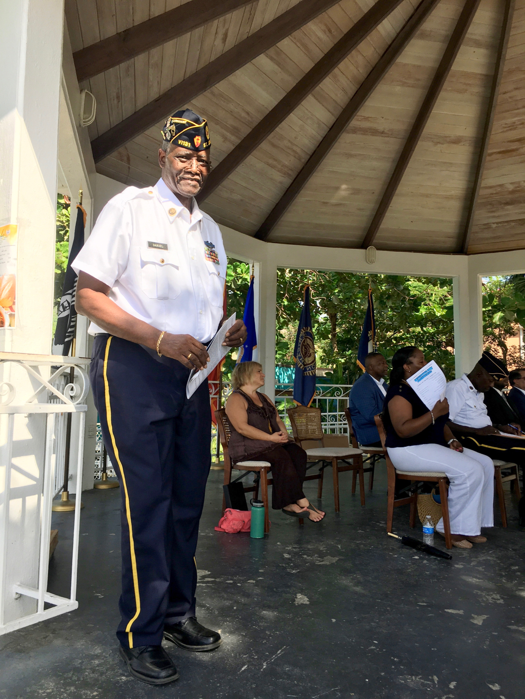 Harry Daniel, commander of American Legion Post No. 131, stands for a moment during St. John’s pre- Veterans Day ceremony in Cruz Bay on Sunday. (Source photo by Amy Roberts)