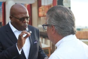 Sen. Myron Jackson talks with Chef Richard Sandoval. (Source photo by Bethaney Lee)