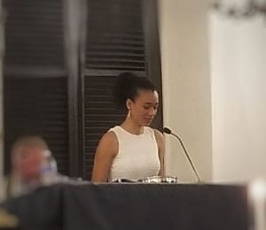 Anika Hahnfeld, an Antilles School student, delivers her speech from the pulpit of the synagogue during Friday’s ceremony honoring Dr. Martin Luther King Jr. (Source photo by Bethaney Lee)