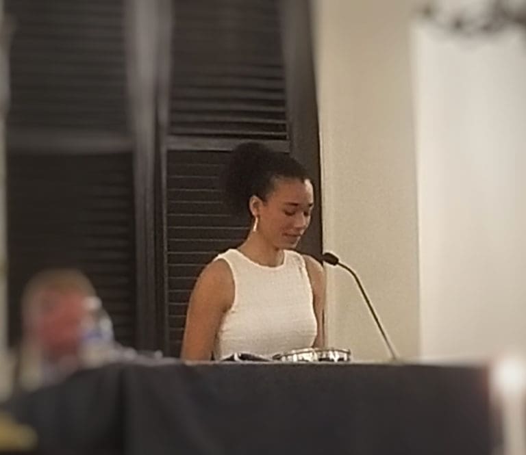Anika Hahnfeld, an Antilles School student, delivers her speech from the pulpit of the synagogue during Friday’s ceremony honoring Dr. Martin Luther King Jr. (Source photo by Bethaney Lee)