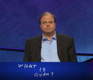 Former champion Dennis Coffey reveals the wrong answer on "Jeopardy!" The correct one was "What is the Virgin Islands.) (Photo from WMTW-TV)