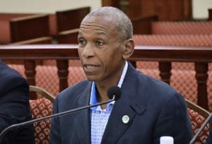 Stephan Adams of viNGN testifies against the "dig-once" bill Wednesday. (Photo by Berry Leerdam, V.I. Legislature)