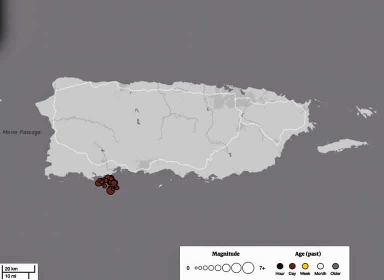 U.S. Geological Survey image of the location of the Jan. 6 and 7 earthquakes near Puerto Rico.