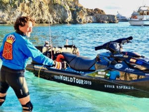 Alvaro de Marichalar and his 11 foot personal water cract, Numancia, at Shell Beach, St. Barths in January. (Photo provided by the deMarichalar team)