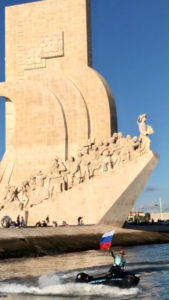 De Marichalar arrives in Lisbon, Portugal, in the fall of 2019, passing by Padrão dos Descobrimentos, which commemorates the many discoveries of Portugese sailors in the 15th and 16th centuries. (Photo provided by de Marichalar team)