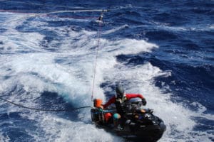 De Marichalar refuels from the support vessel in the middle of the Atlantic. (Photo provided by the deMarichalar team)