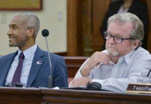 Economic Development Authority Chief Executive Director Kamal Latham, left, and Robert Godfrey, director of the UVI Agricultural Experiment Station, testify on a proposed V.I.-based ag conference. (Photo by Chaunte Herbert)